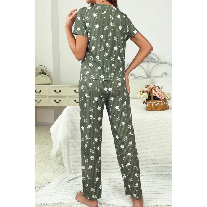 Yeşil Fitilli Floral Kısa Kollu Pijama Takımı 7303