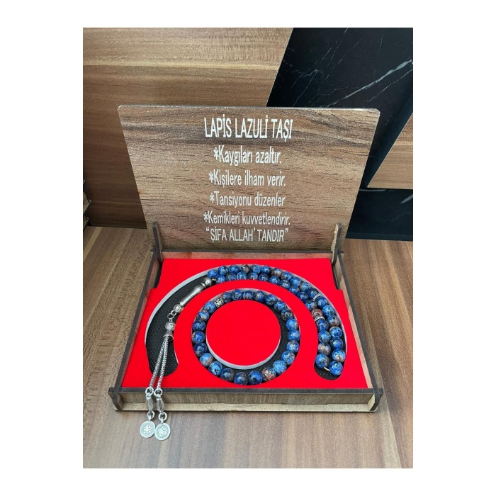 ÖZEL AHŞAP KUTULU  LAPİS LAZULİ TAŞI TESBİH BİLEKLİK SET DOĞAL TAŞ