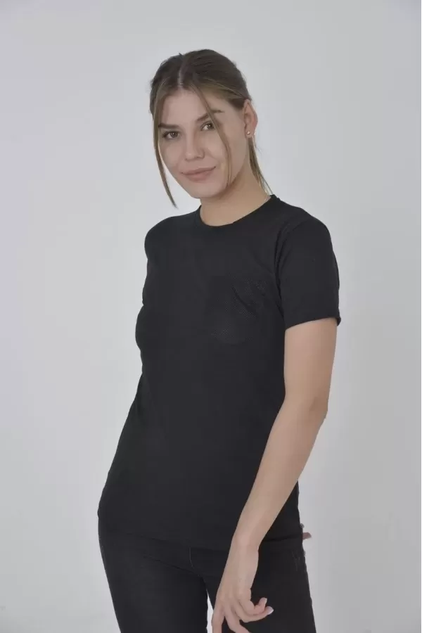 Kadın File Cepli Slim fit T-shirt - Siyah