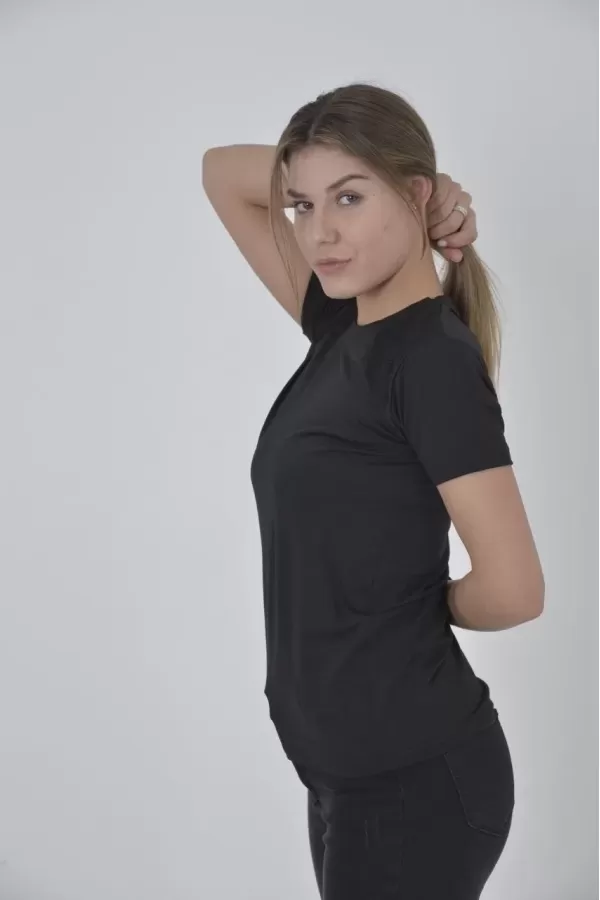 Kadın Omuz Fileli Slim Fit T-shirt - Siyah