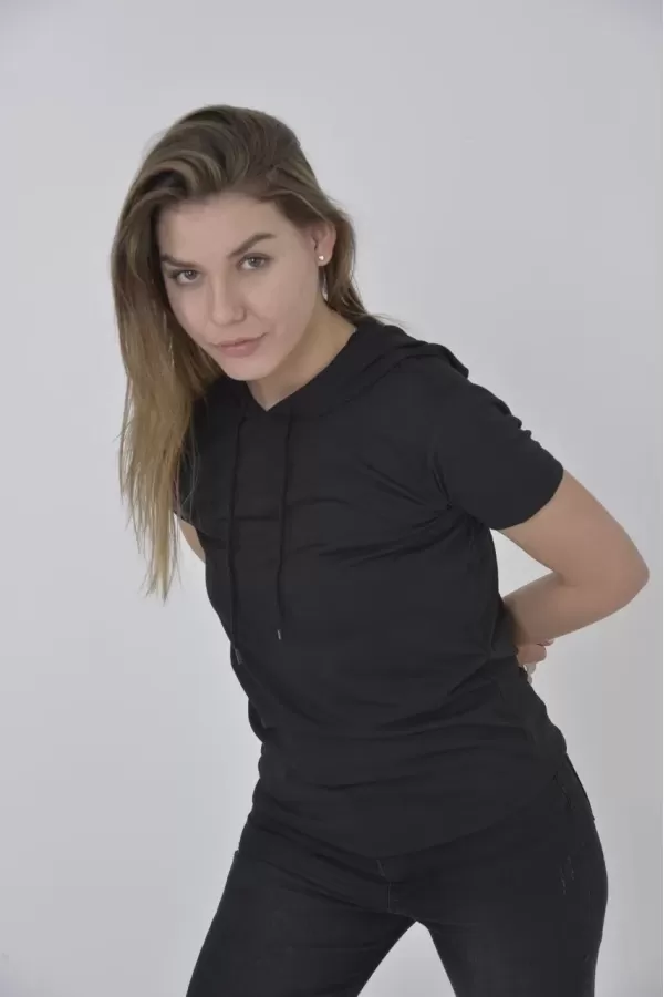 Kadın Kapşonlu Slim Fit T-shirt - Siyah