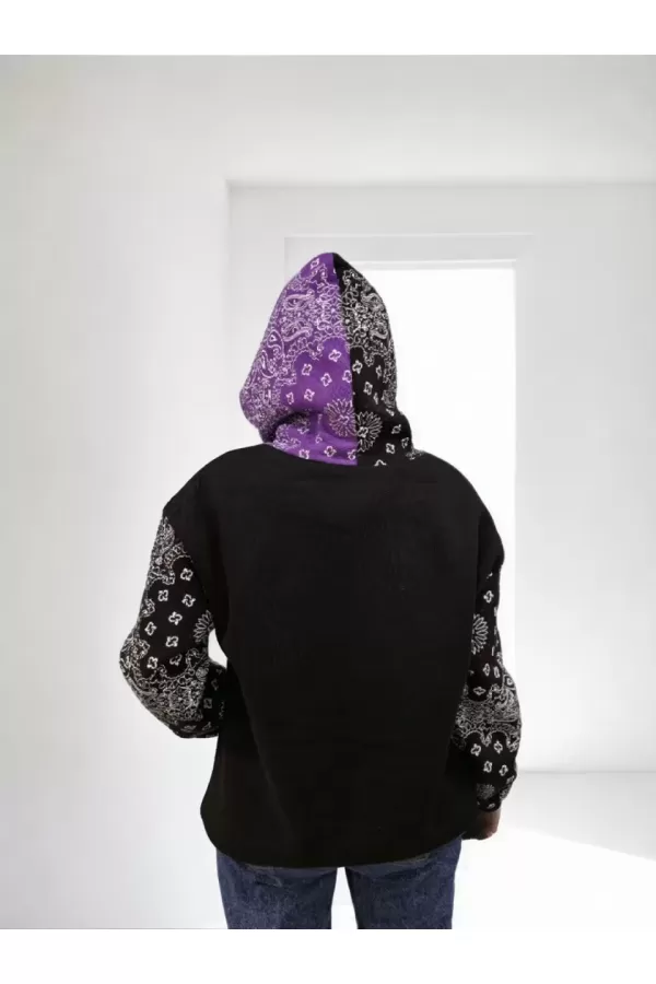 Kadın Baskılı Kapüşonlu Sweatshirt - Siyah