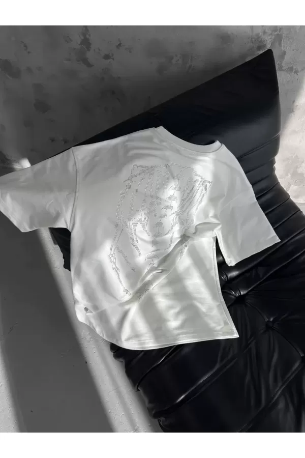 Unisex Taşlı Bisiklet Yaka T-Shirt - Beyaz