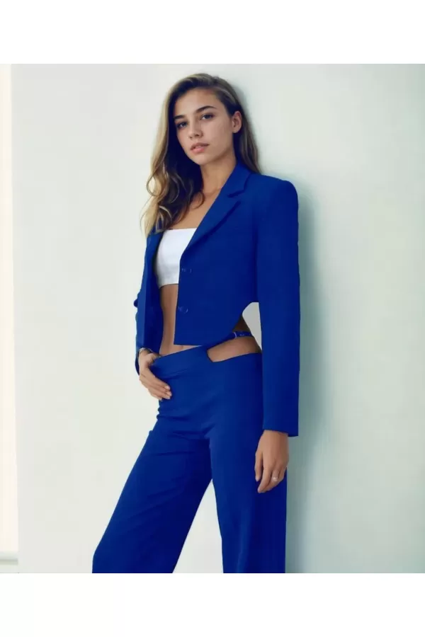 Kadın Sırt Dekolteli Pantolon ve Ceket Takım - Mavi
