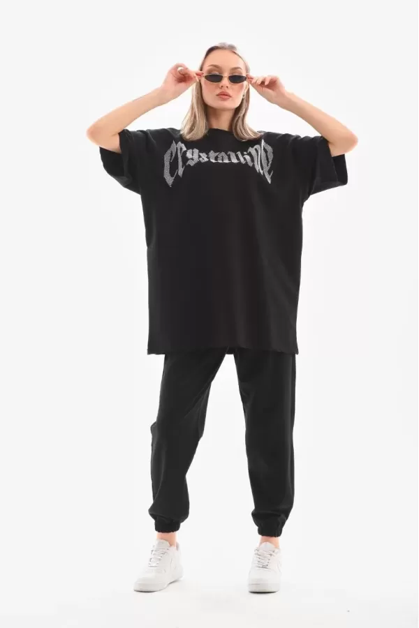 Unisex Taşlı T-Shirt ve Eşofman Takımı - Siyah