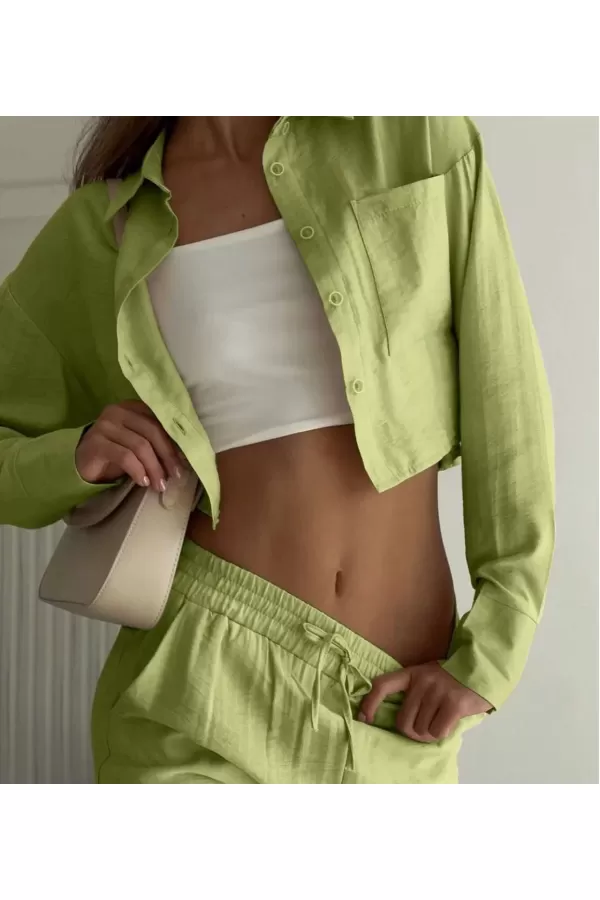 Kadın Cepli Pantolon ve Gömlek Takım - Açık Yeşil