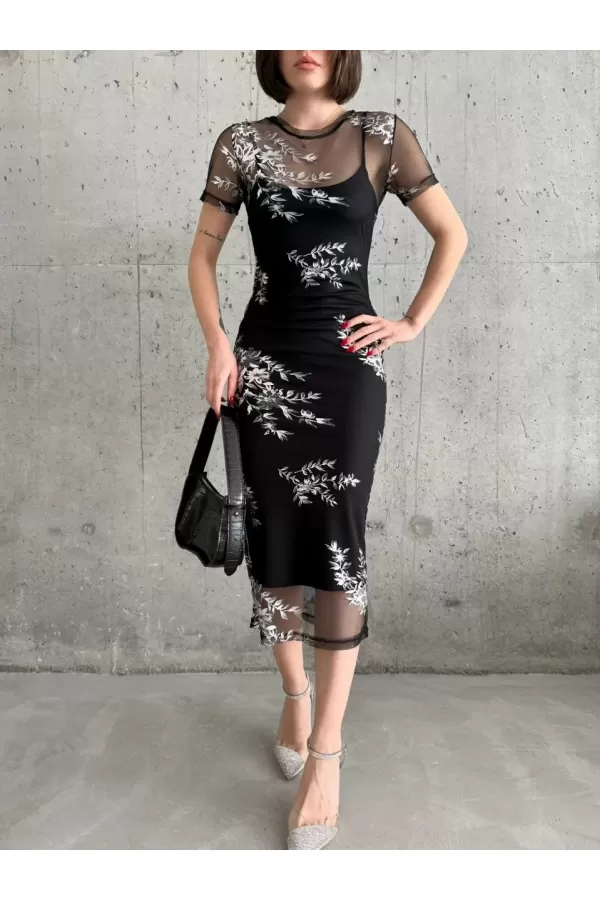 Kadın Baskılı Şifon Kimono Elbise - Siyah