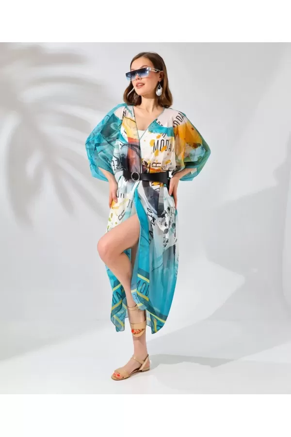 Kadın Rahat Kesim Kemerli Şifon Kimono - Cam Göbeği