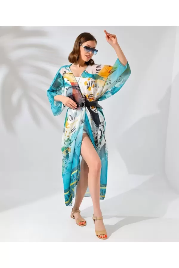 Kadın Rahat Kesim Kemerli Şifon Kimono - Cam Göbeği