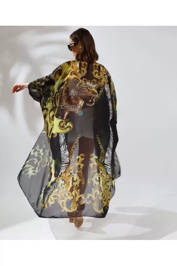 Kadın Rahat Kesim Kemerli Şifon Kimono - Siyah