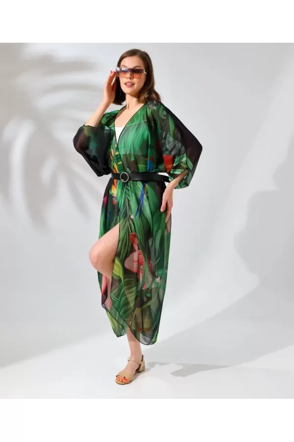 Kadın Rahat Kesim Kemerli Şifon Kimono - Yeşil
