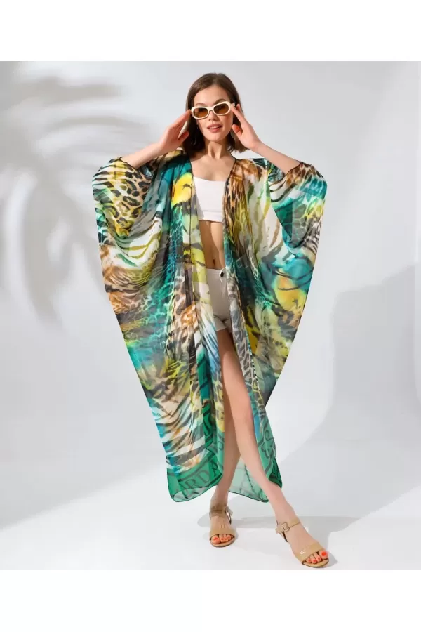 Kadın Rahat Kesim Kemerli Şifon Kimono - Leopar