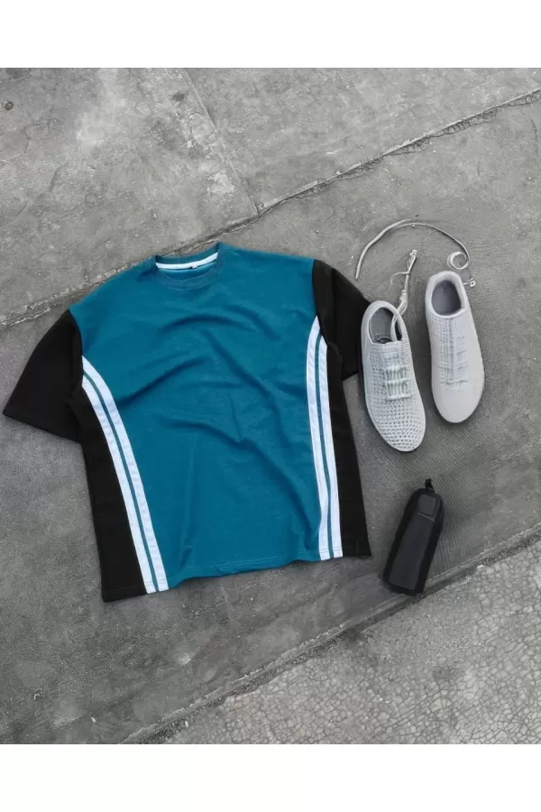 Unisex Bisiklet Yaka Parçalı T-Shirt - Turkuaz