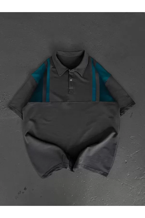 Unisex Yakası Düğmeli Parçalı Oversize T-Shirt - Gri