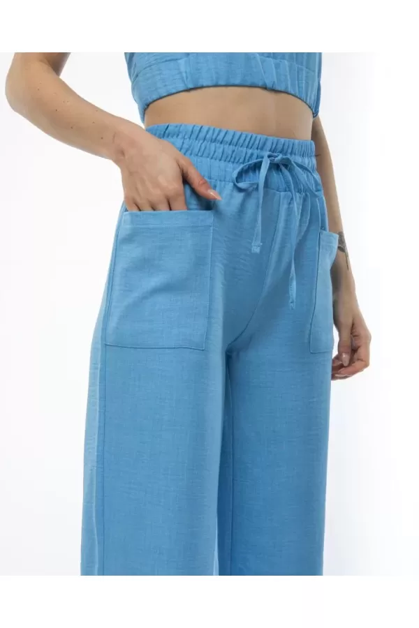 Kadin Keten Pantalon ve Crop Takım - Mavi