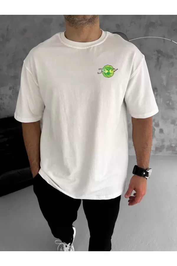 Unisex Bisiklet Yaka Baskılı Oversize T-Shirt - Beyaz