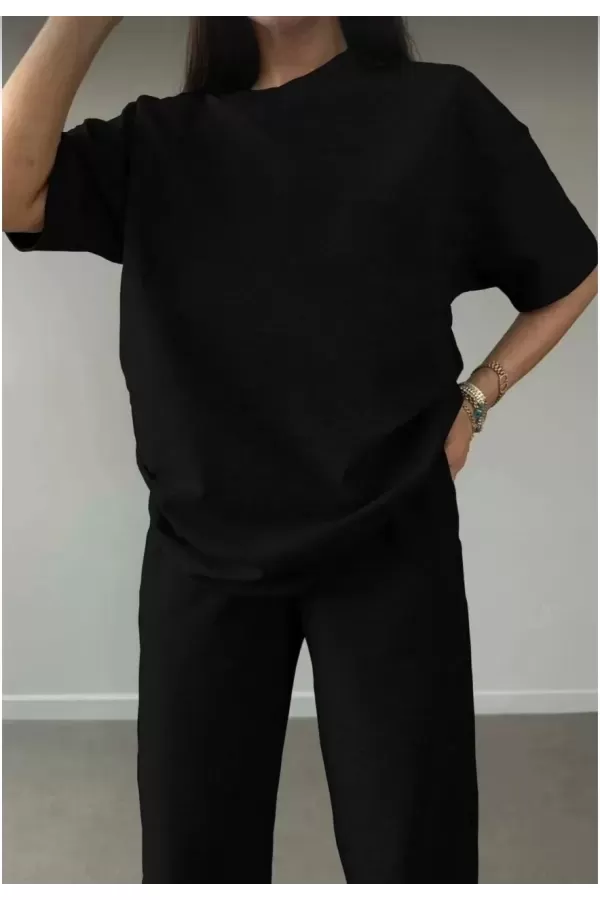 Unisex Düz T-Shirt ve Eşofman Takımı - Siyah