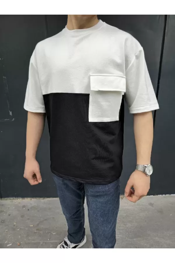 Unisex Torba Cep Detaylı Parçalı T-Shirt - Siyah