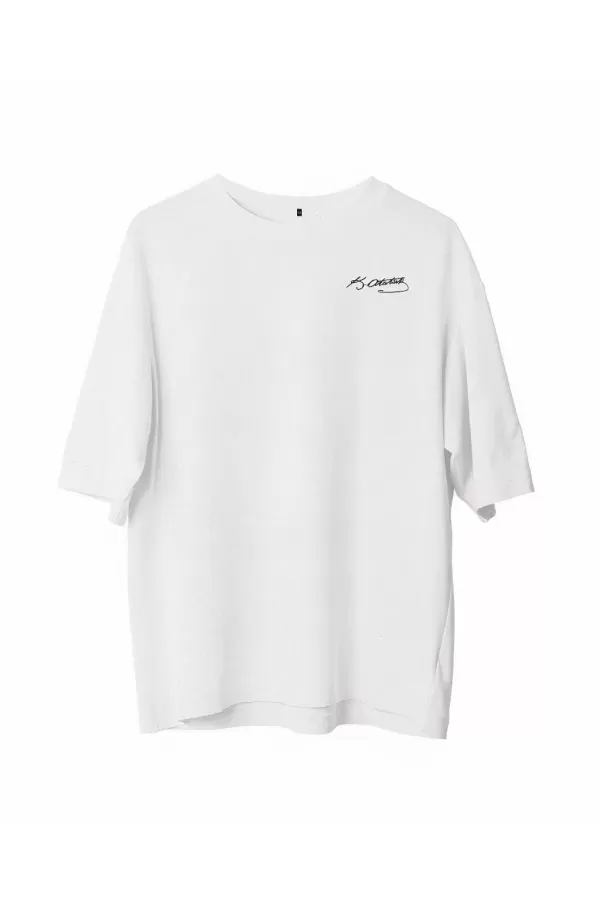 Unisex Bisiklet Yaka Baskılı Oversize T-Shirt - Beyaz