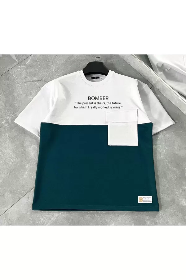 Unisex Torba Cep Detaylı  Parçalı T-Shirt - Lacivert
