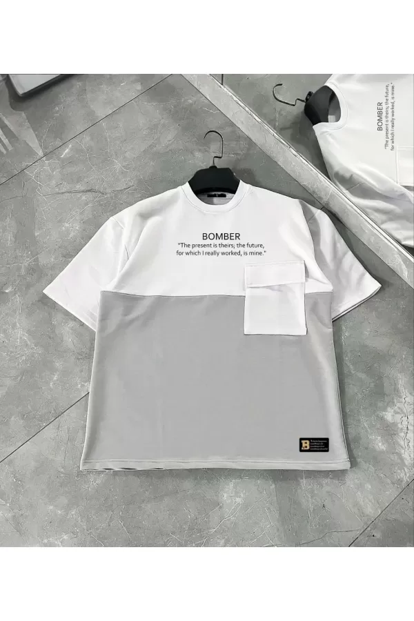 Unisex Torba Cep Detaylı  Parçalı T-Shirt - Gri