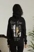 Kadın Sırt Baskılı Oversize Üç İplik Kapüşonlu Sweatshirt - Siyah