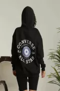 Kadın Sırt Baskılı Oversize Üç İplik Kapüşonlu Sweatshirt - Siyah