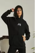 Kadın Baskılı Oversize Üç İplik Kapüşonlu Sweatshirt - Siyah