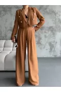 Kadın Pens Detaylı Pantolon ve Ceket Takım - Taba