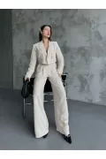 Kadın Pens Detaylı Pantolon ve Ceket Takım - Beyaz