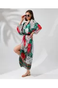 Kadın Rahat Kesim Kemerli Şifon Kimono - Beyaz