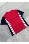Unisex Bisiklet Yaka Parçalı T-Shirt - Kırmızı