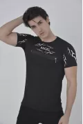 Unisex Göğüs Fermuarlı Baskılı T-Shirt - Siyah