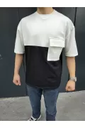 Unisex Torba Cep Detaylı Parçalı T-Shirt - Siyah