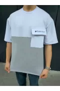Unisex Torba Cep Detaylı  Parçalı T-Shirt - Gri
