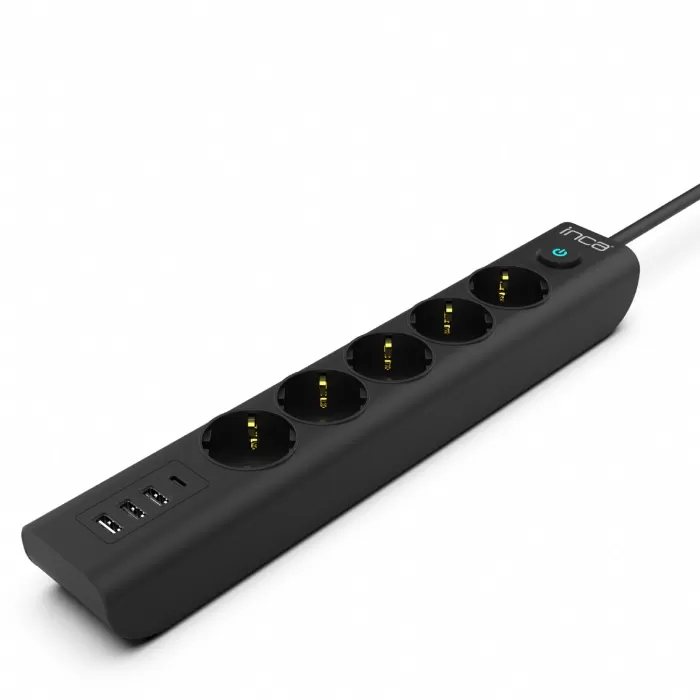 İnca IPW-44TU 5 port 2x USB+ Type-C Akım Korumalı Led Tuşlu  Priz 1.5M - Siyah