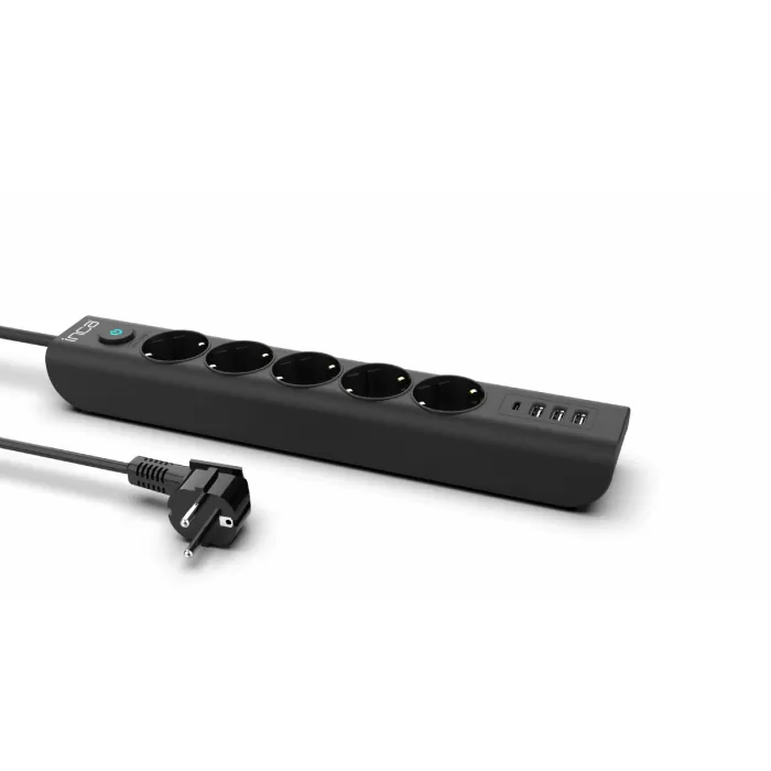 İnca IPW-44TU 5 port 2x USB+ Type-C Akım Korumalı Led Tuşlu  Priz 1.5M - Siyah