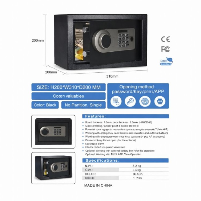 Para Kasası Şifreli,Parmak izli,Anahtarlı / 20 x 31 x 20 cm
