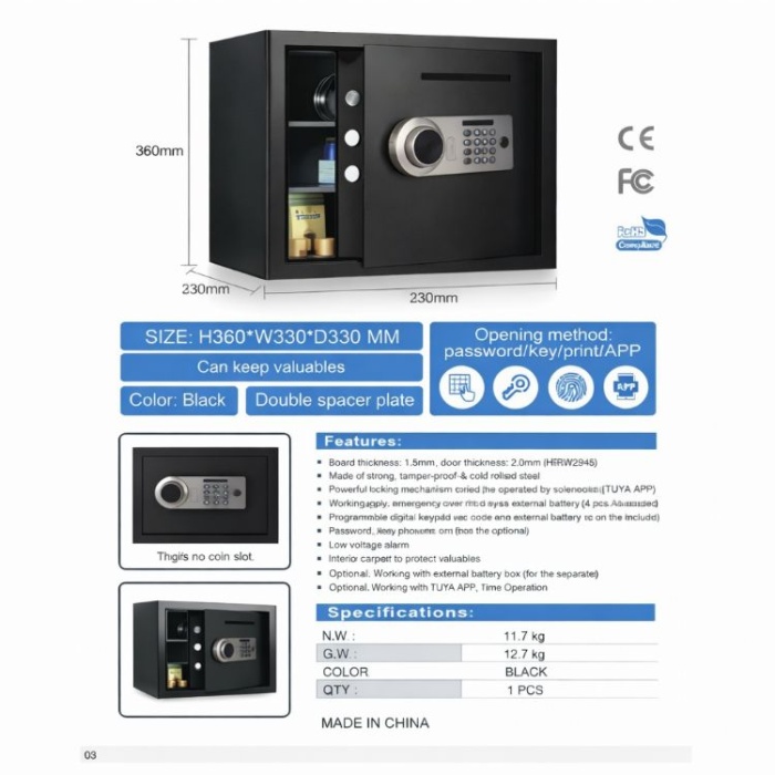 Para Kasası Şifreli,Parmak izi,Anahtarlı / 33 x 33 x 36 cm