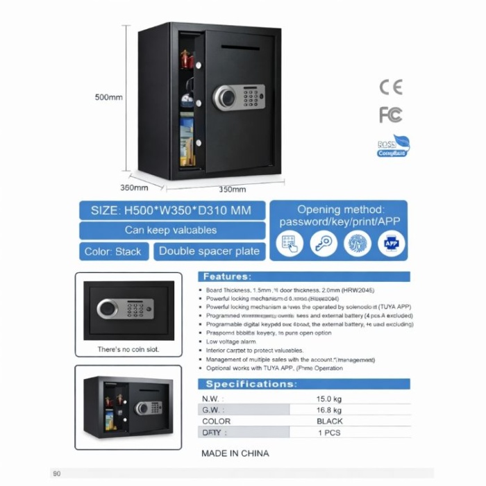 Para Kasası Şifreli, Parmak izli, Anahtarlı / 31 x 35 x 50 cm