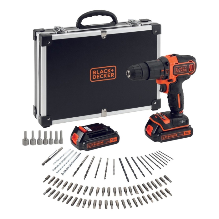 Black+Decker BDCHD18BAFC-QW 18V 1.5Ah Li-Ion Darbeli Vidalama/Matkap,Çift Akü, Çanta, 80 Parça Aks. Seti