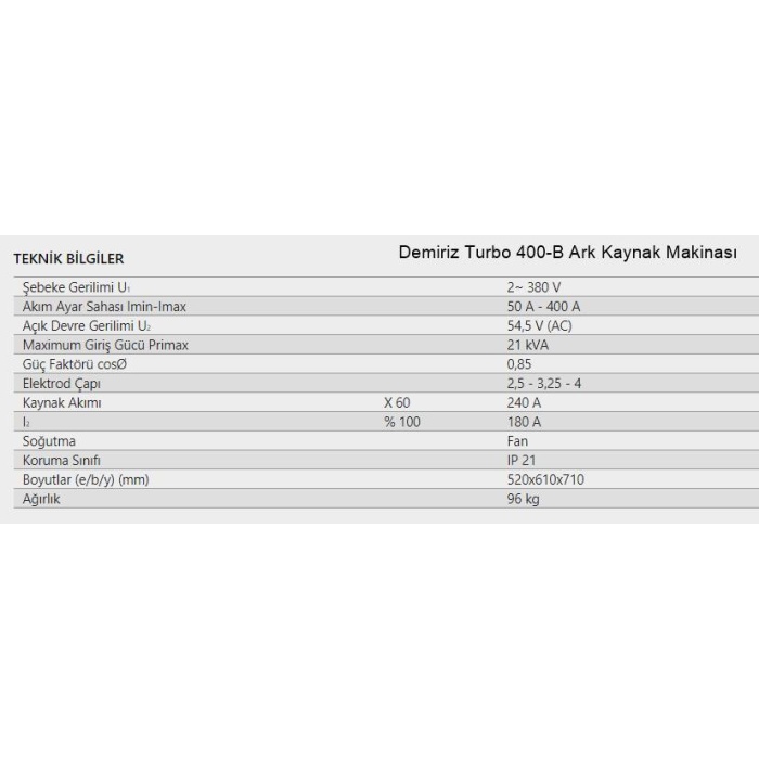 Demiriz T-400 B Turbo Ark Kaynak Makinası