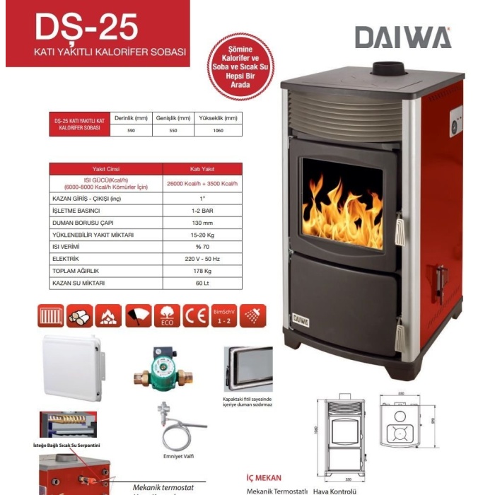 Daiwa DŞ-25 Katı Yakıtlı Şömineli Sıcak Sulu Kalorifer Sobası
