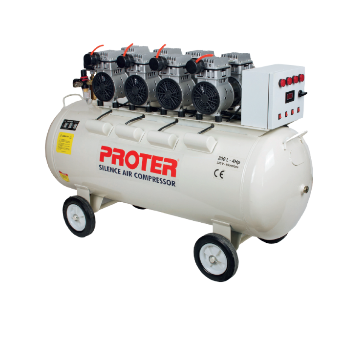 Proter 200 Lt Sessiz Yağsız 4 Kafa Monofaze Panolu Hava Kompresörü