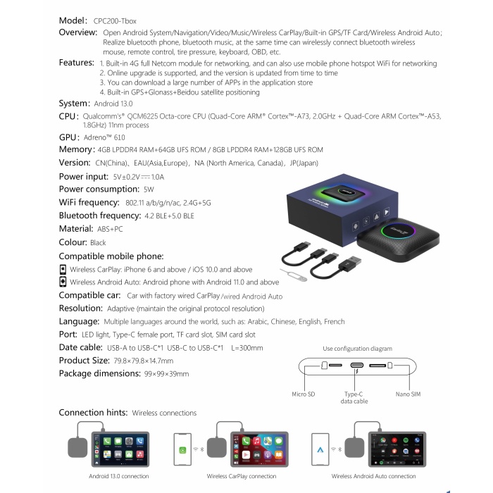 Carlinkit Tbox Max Ambient Android 13.0 Carplay disney, Prime Netflix