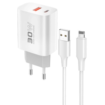 NTM C89Q 1 Adet 30W Type-C ve 1 Adet 22.5W USB Çıkışlı Ekstra DL48 1M USB to Lightning Kablolu PD Şarj Cihazı - Beyaz
