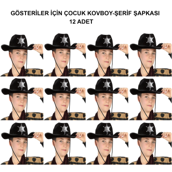 Kovboy Şerif Şapkası Siyah 12 Adet - Kostüm, Parti Ve Gösteri Şapkası