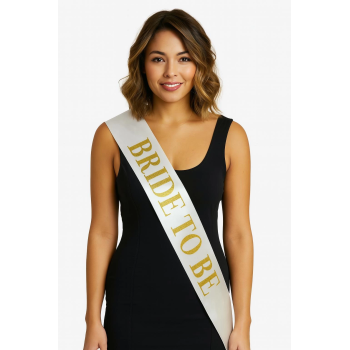 Beyaz Saten Üzerine Kalın Altın Yazılı Bride To Be Kuşağı 10 Cm Genişlik