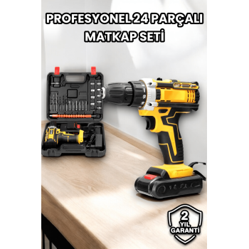 Metal Dişli 24W Akülü Matkap -Çift Bataryalı ve LED Çalışma Işığı ile Tam Set