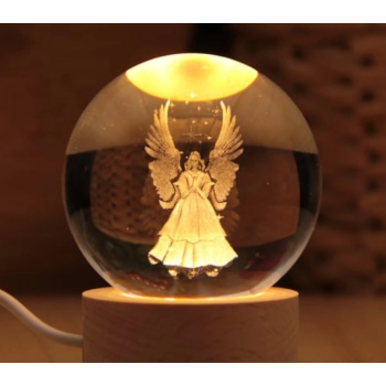 Dekoratif Kanatlı Melek Tasarımlı Ahşap Altlıklı Işıklı Cam Küre Cam:6cm Ahşap:2cm